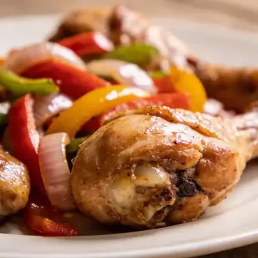Saftige Hähnchenkeulen mit Paprika &amp; Zwiebeln