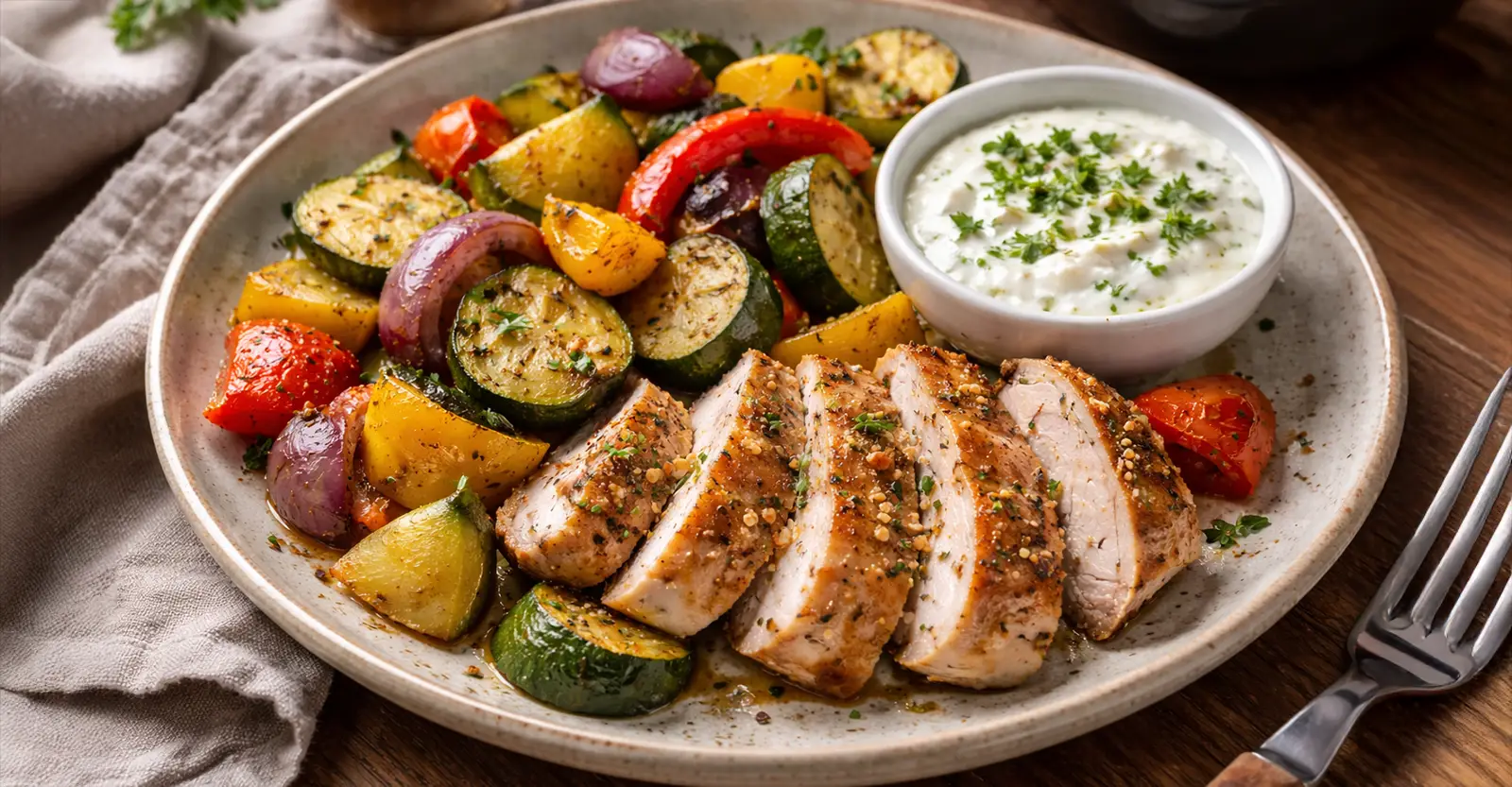 Putenbrust mit Ofengemüse &amp; Joghurt-Dip