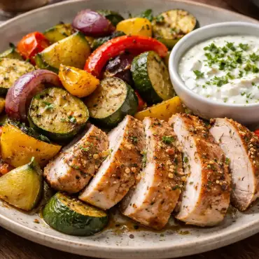 Putenbrust mit Ofengemüse &amp; Joghurt-Dip