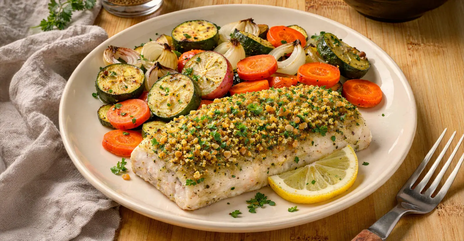 Kabeljau mit Zitronen-Kräuter-Kruste &amp; Gemüse