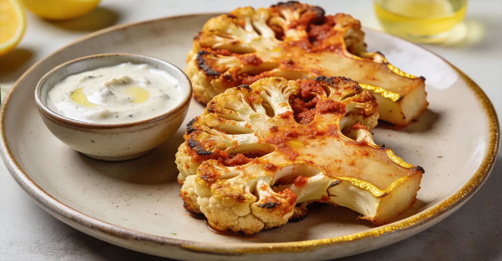 Harissa-Blumenkohl-Steaks mit Joghurt-Tahini-Dip