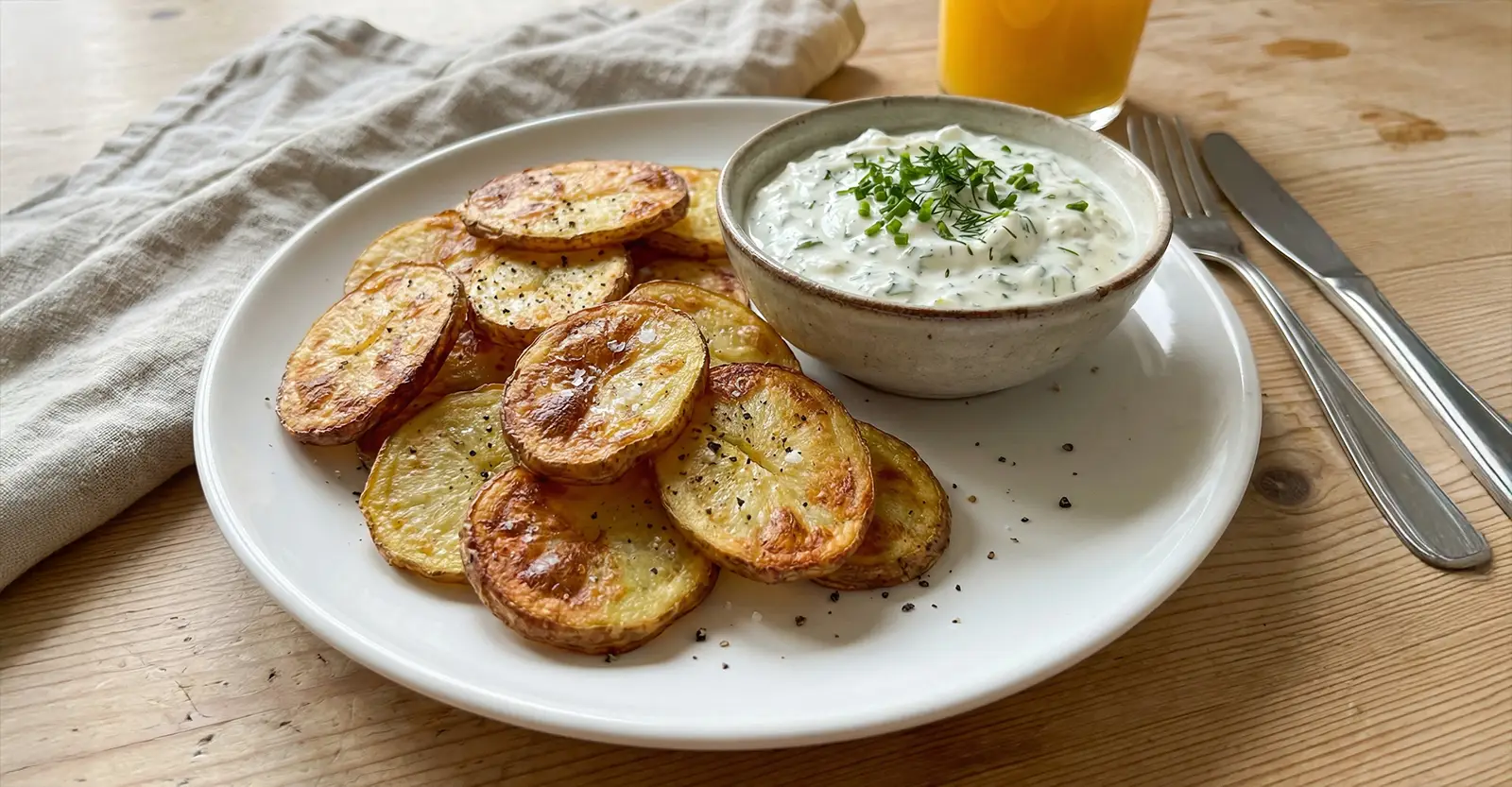 Knusprige Kartoffelscheiben mit Kräuterquark