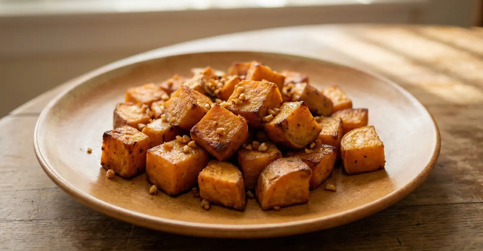 Süßkartoffel-Würfel mit Knoblauch